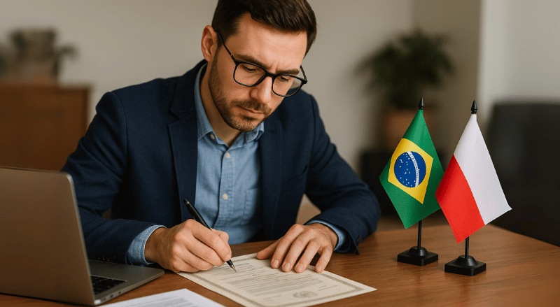 Homem concentrado traduzindo um documento em sua mesa, com duas bandeiras pequenas — do Brasil e da Polônia — ao lado, em ambiente profissional