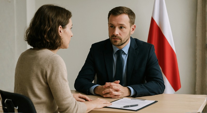 uma pessoa conversando com um funcionário do consulado, com a bandeira da Polônia ao fundo. Ambos estão sentados frente a frente em uma mesa, em ambiente iluminado e institucional, com expressões sérias e postura profissional