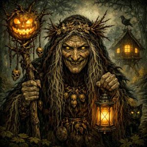 Ilustração de Baba Jaga, uma bruxa idosa do folclore eslavo, com rosto enrugado, olhos brilhantes e cabelos longos e bagunçados. Ela segura um cajado e uma lanterna em uma floresta escura, enquanto ao fundo aparece sua cabana apoiada em pernas de galinha, acompanhada por corvos e um gato preto, criando um ambiente sombrio e misterioso.