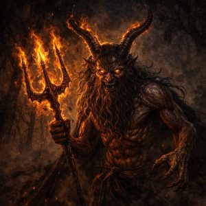 Ilustração de Diabeł Boruta, uma figura demoníaca do folclore polonês associada às florestas e à nobreza antiga. Ele aparece como um ser imponente com aparência diabólica, chifres e expressão ameaçadora, envolto em uma atmosfera sombria que reforça seu caráter sobrenatural e misterioso.