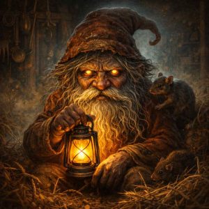 Ilustração de Domovoi, um pequeno espírito doméstico do folclore eslavo, retratado como um velho de barba longa e roupas simples. Ele segura uma lanterna acesa dentro de uma casa rústica e escura, enquanto pequenos ratos aparecem ao seu redor, criando uma atmosfera misteriosa e protetora dentro do ambiente doméstico.