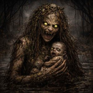 Ilustração de Dziwożona, uma criatura feminina do folclore eslavo associada às florestas e aos pântanos. Ela aparece com aparência selvagem, cabelos longos e desgrenhados e olhos brilhantes, segurando um bebê enquanto surge em meio a um ambiente escuro e enevoado, criando uma atmosfera sombria e sobrenatural.