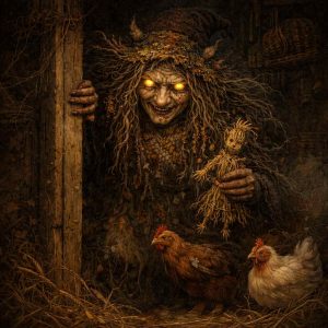 Ilustração de Kikimora, uma criatura feminina do folclore eslavo, com aparência de bruxa de cabelos desgrenhados e olhos brilhantes. Ela aparece dentro de uma casa rústica e sombria segurando um boneco de palha, enquanto duas galinhas estão no chão ao seu redor, criando um ambiente misterioso e inquietante.