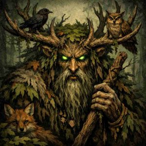 Ilustração de um espírito da floresta com aparência de homem velho coberto por musgo, folhas e galhos. Ele possui olhos verdes brilhantes, chifres feitos de galhos e segura um cajado de madeira, enquanto animais como corvo, coruja e raposa aparecem ao redor em um ambiente de floresta escura e misteriosa.