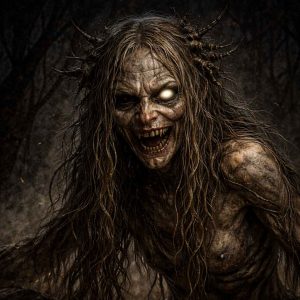 Ilustração de Licho, uma entidade do folclore eslavo associada ao azar e à desgraça. A criatura aparece com aparência magra e assustadora, rosto deformado, cabelos longos e expressão perturbadora, envolta em uma atmosfera escura que reforça seu caráter sombrio e sobrenatural.