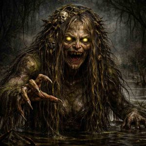 Ilustração de Mamuna, uma criatura feminina do folclore eslavo associada às florestas e às crianças. Ela aparece com aparência misteriosa e sobrenatural, cabelos longos e expressão inquietante, envolta por uma atmosfera sombria que reforça seu caráter lendário e assustador.