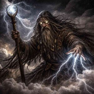 Ilustração de Płanetnik, um espírito do folclore polonês associado às tempestades e aos fenômenos climáticos. Ele aparece como uma figura sobrenatural de barba longa segurando um cajado, envolto por nuvens escuras e relâmpagos, dando a impressão de que controla os ventos e a tempestade ao seu redor.