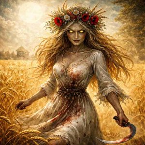 Ilustração de Południca, um espírito feminino do folclore eslavo, aparecendo em um campo de trigo sob o sol forte do meio-dia. Ela tem cabelos longos ao vento, olhos brilhantes, usa um vestido claro manchado e uma coroa de flores, enquanto segura uma foice em meio à plantação dourada, criando uma atmosfera sobrenatural e inquietante