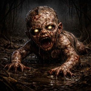 Ilustração de Poroniec, uma criatura do folclore eslavo associada a espíritos inquietos. A figura aparece com aparência perturbadora e sobrenatural, com traços humanos deformados e expressão assustadora, envolta em um ambiente sombrio que reforça seu caráter macabro e misterioso.