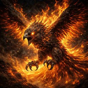 Ilustração de Raróg, uma criatura do folclore eslavo representada como uma ave de fogo semelhante a um falcão. O pássaro aparece com asas abertas envoltas em chamas intensas, olhos brilhantes e penas incandescentes, criando uma cena poderosa e sobrenatural.