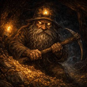 Ilustração de Skarbnik, um espírito guardião das minas no folclore polonês, retratado como um velho minerador de barba longa e olhos brilhantes. Ele aparece dentro de uma mina escura segurando uma picareta, iluminado por uma lanterna enquanto está cercado por pedras e ouro, criando uma atmosfera misteriosa e subterrânea.