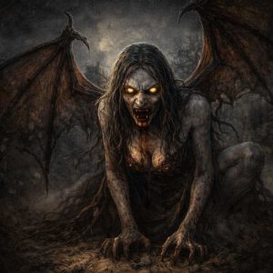 Ilustração de Strzyga, uma criatura vampírica do folclore polonês, com aparência de mulher monstruosa, pele pálida, olhos brilhantes e asas semelhantes às de um morcego. Ela aparece agachada em um ambiente escuro e nebuloso, mostrando presas afiadas e garras, criando uma atmosfera sombria e ameaçadora.