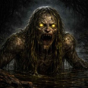 Ilustração de Topielec, uma criatura aquática do folclore eslavo, representada como um ser humanoide em decomposição emergindo de um pântano escuro. Ele possui pele deteriorada coberta de algas, olhos brilhantes e aparência assustadora, criando uma atmosfera sombria e sobrenatural nas águas turvas da floresta.