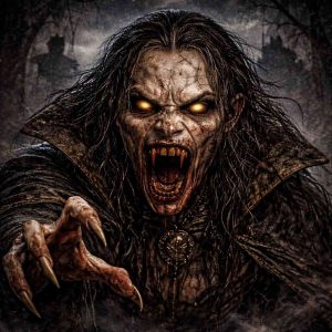 Ilustração de Wampir, uma criatura vampírica do folclore eslavo, com aparência monstruosa, pele pálida e olhos brilhantes. Ele mostra presas afiadas e expressão ameaçadora enquanto surge em meio a um ambiente escuro e nebuloso, criando uma atmosfera sombria e sobrenatural.