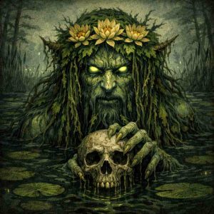 Ilustração de um espírito aquático emergindo de um pântano escuro. A criatura tem pele esverdeada coberta de algas, olhos brilhantes e usa uma coroa de flores aquáticas na cabeça, enquanto segura um crânio humano parcialmente submerso na água, cercado por lírios e vegetação de brejo