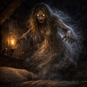 Ilustração de Zmora, um espírito sombrio do folclore eslavo, representado como uma figura feminina fantasmagórica com olhos brilhantes e cabelos longos. Ela aparece flutuando em um quarto antigo e escuro, envolta em névoa, criando uma atmosfera sobrenatural e inquietante.